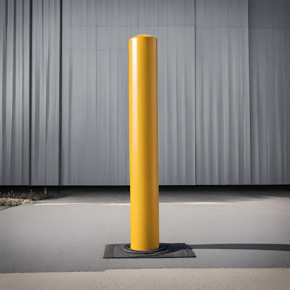 A yellow painted heavy duty steel bollard